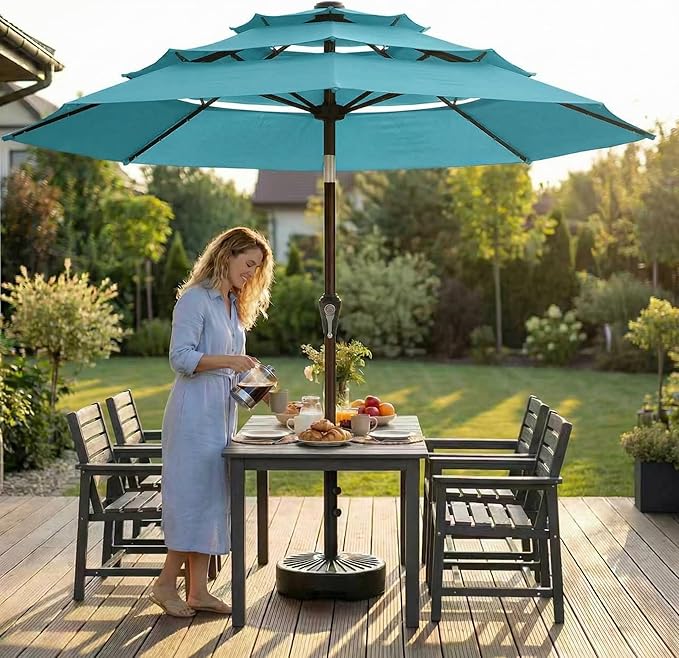 10ft 3-Tier Patio Umbrella with 32 Solar Powered LED Lights, Windproof Outdoor Market Umbrella for Deck, Poolside & Garden, Sturdy Push-Button Tilt Table Umbrella, Sky Blue