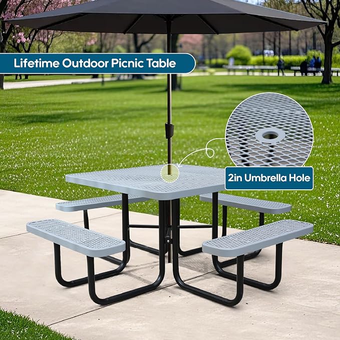8-Person Picnic Tables for Outdoors, Industrial 46" Expanded Metal Square Picnic Table with 4 Benches & Umbrella Hole, Outside Table and Bench Set for Garden, Backyard, Porch, Patio, Grey