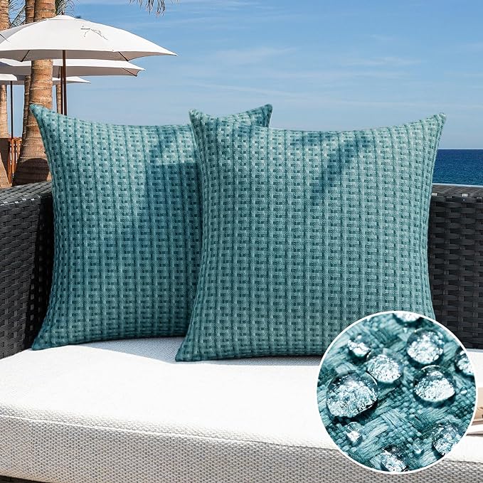 Kevin Textile Outdoor Waterproof 22"x22" Pillow Covers 2 Pack, Teal | Water Resistant Weaving Faux Linen Texture Throw Pillow Covers, Outside Decorative Pillowcases for Garden Patio Balcony Couch