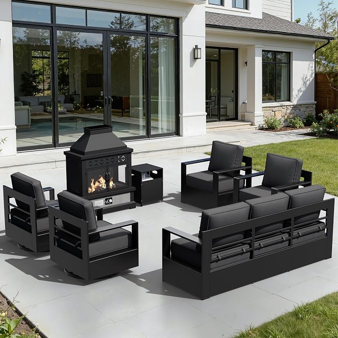 Outdoor Aluminum Furniture Set, 6-Piece Patio Conversation Set, 2 Swivel Chairs, 2 Chairs,1 Sofa and 1 Fireplace, All-Weather Metal Frame, 6" Thick Removable Cushions, Deep Setting for Porch