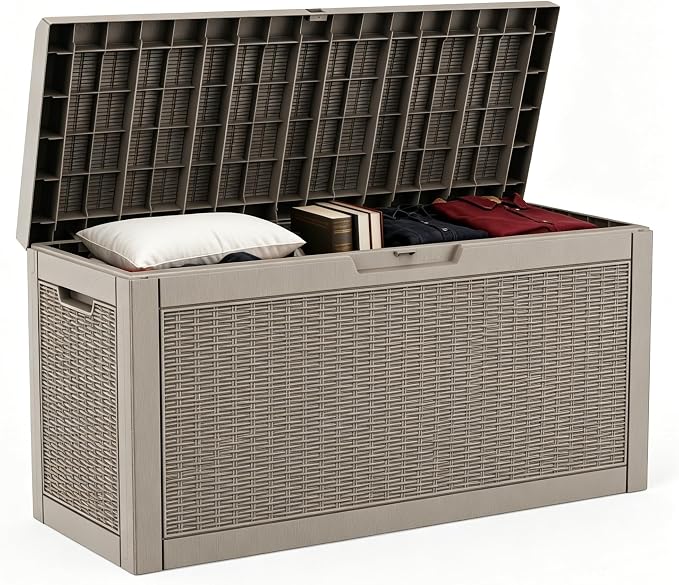 DRATO 60 Gallon Deck Box, Waterproof Resin Large Outdoor Storgae Box for Patio Furniture, Patio Cushions, Gardening Tools, Pool Supplies, Lockable (Gray, 60 Gallon)