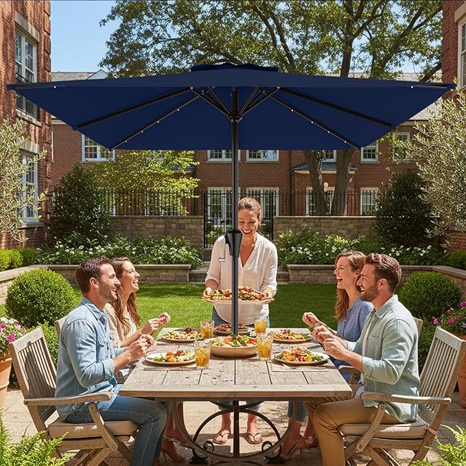 AreShark 8' X 10' Rectangular Patio Umbrella with Solar Lights, Lighted Solar Umbrella with Crank, Outdoor Table Umbrella for Garden, Deck, Backyard, Pool and Beach, Navy