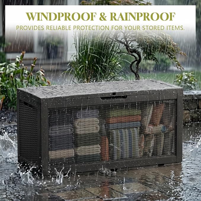 Waterproof Outdoor Storage Box Outside Deck Box Lockable Resin Bench UV Resistant Furniture Cushion Pool Tool Float Bin Patio Garden Porch (Black, 120 Gallon)