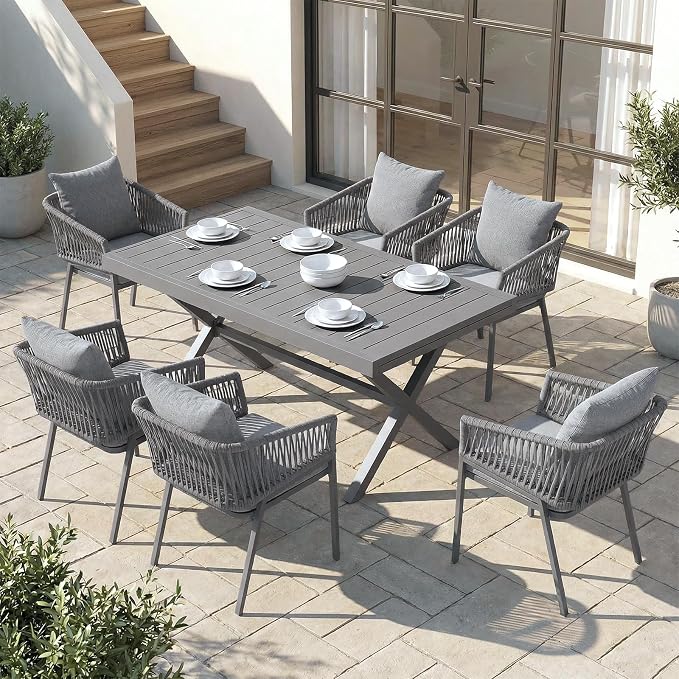 SUNSITT 7 Piece Outdoor Patio Dining Set, 65" - 107" Metal Expandable Outdoor Dining Table with X-Shape Legs, 6 Woven Rope Outdoor Patio Chairs w/Curved Armrest for Garden, Dark Grey