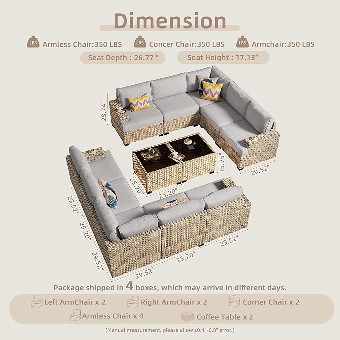 Patio Furniture Sets 12 Pieces Outdoor Sectional Rattan Sofa Manual Weaving Wicker Patio Conversation Set with Ottomans and T Cushion(Grey)