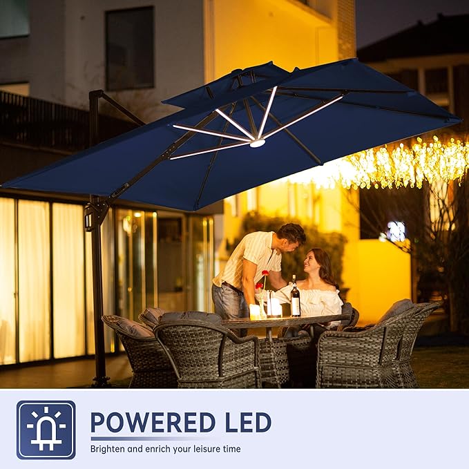 9 X 12 FT Cantilever Outdoor Patio Umbrella with LED Lights Large Heavy Duty 360° Rotation Double Top Offset Rectangular Umbrellas for Backyard Garden Pool Outside Deck, Navy