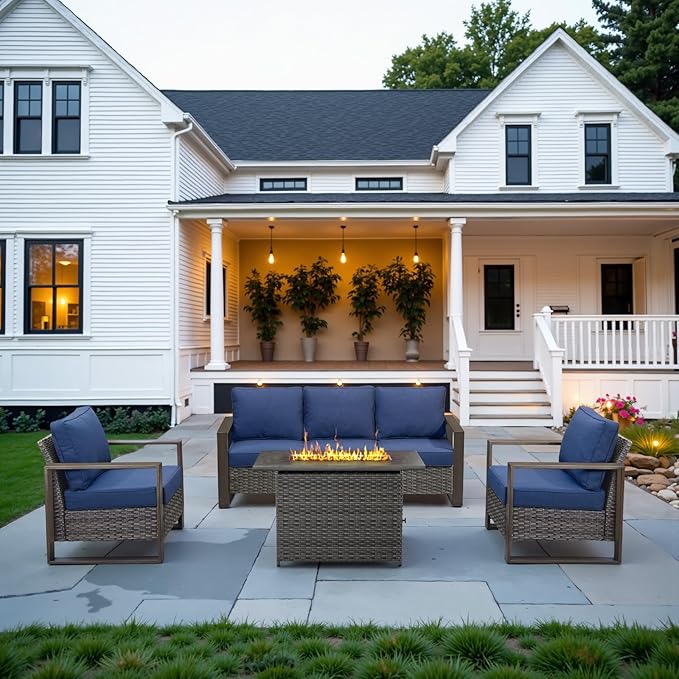 Belord Full 4 Pieces Patio Furniture Set with 41” Propane Fire Pit Table, Outdoor Conversation Set with Patio Chairs Set of 2 and Rattan Sofa for Deck Backyard