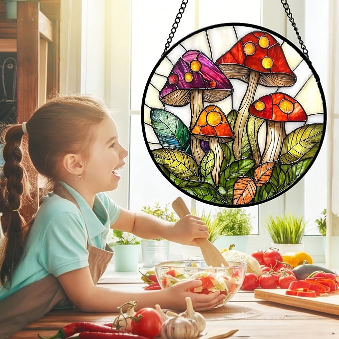 DASTOLL Stained Glass Window Hanging, Mushroom Leaves Suncatcher for Doors Home Sun Catchers Decoration and Christmas, Mother's Day Birthday Gifts for Women, Men, and Mom 7.8 in
