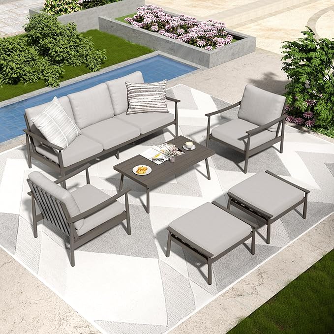 6 Pieces Aluminum Outdoor Patio Furniture Sets with Coffee Table, Cushioned 3-Seat Couch and Armchairs with Ottomans, All Weather Conversation Set for Yard Proch Deck, Greige & Grey