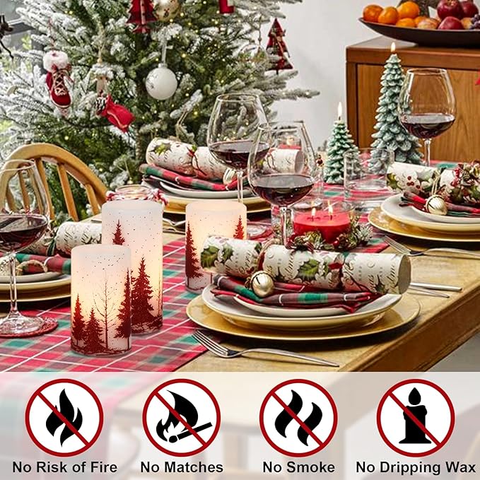 Wondise Flickering Flameless Candles with Timer, Battery Operated Real Wax Warm Light Red Christmas Tree Decal Candle for Home Decoration Christmas Gifts, Set of 3(D3 x H4/5/6 Inch)
