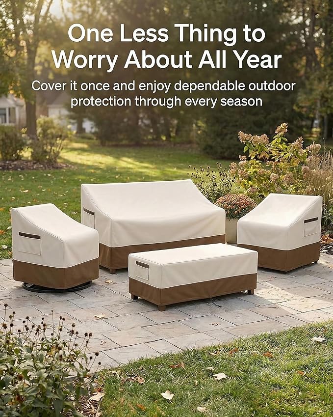 4-Piece Patio Furniture Cover Set, Waterproof Outdoor Furniture Covers for 3-Seater Sofa, Patio Chairs & Coffee Table, Heavy-Duty 600D, Fade&UV-Resistant, Breathable, All-Season Protection,Beige&Brown