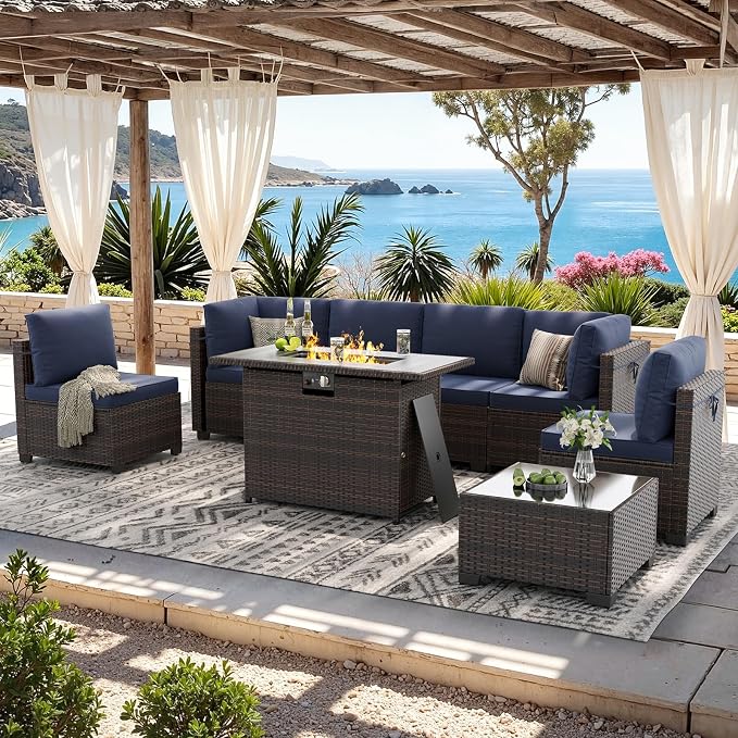 Soohow 8 Piece Patio Furniture Set with 44" Fire Pit Table, Outdoor Sectional Wicker Rattan Conversation Set for Garden, Porch, Backyard - Navy Blue Cushions