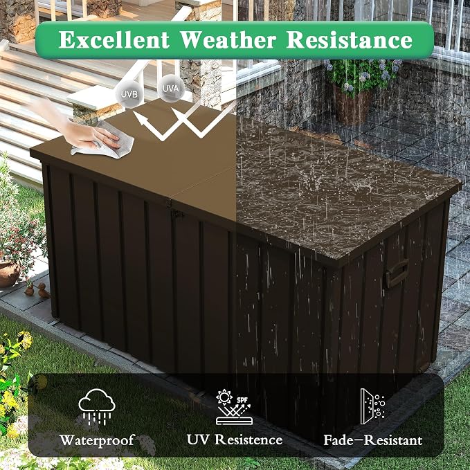 Domi 200 Gallon Metal Deck Box, Waterproof Outdoor Storage Box with Lockable Lid, Large Pool Storage Cabinet for Patio Furniture Garden Tools Pool-Supplies, Brown