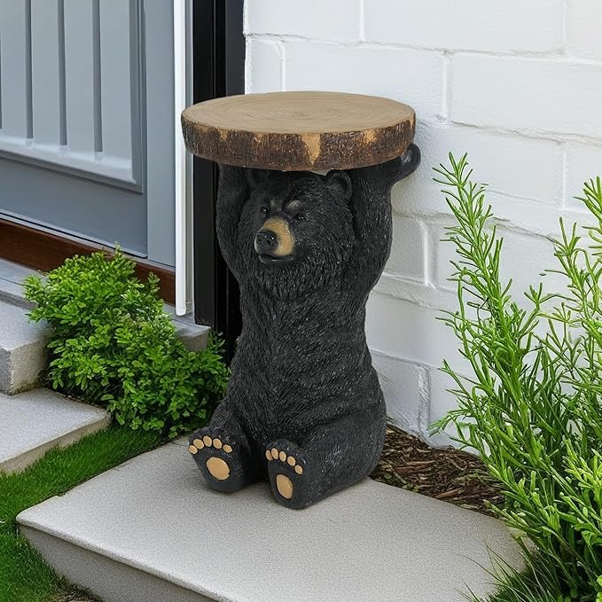 JIJIWANG Black Bear 3-in-1 Pedestal Side Table/End Table/Stool - MGO Hand Painted Sculpture Statue,No Assembly Required for Home,Living Room & Outdoor Decor (Black, 14.5" L x 13.5" W x 22" H)