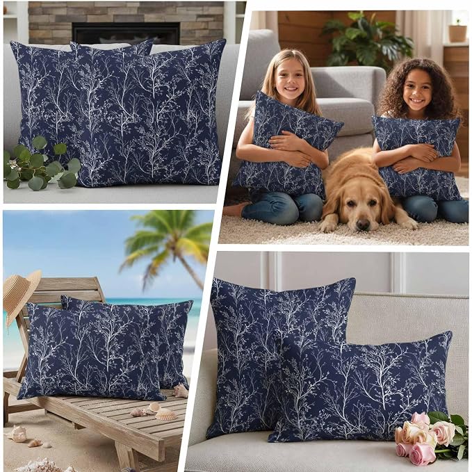 Navy Blue Branches Waterproof Outdoor Pillow Covers Set of 2 Home Decor, Abstract Art Leaves Plant Lumbar Pillowcase Patio Pillow Covers for Couch Bench Patio Furniture Garden 20x12in
