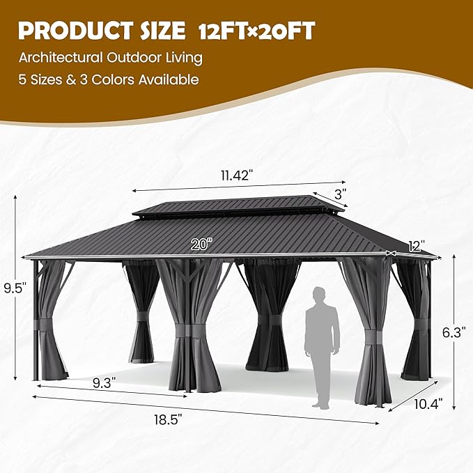 UDPATIO 12'x16' Permanent Hardtop Gazebo with Galvanized Steel Double Roof for Patio Backyard Garden, Curtains and Netting Included, Grey