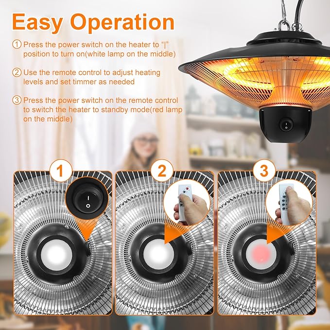Outdoor Patio Heater, 1500W Electric Infrared Hanging Patio Heater for Outdoor Use, Ceiling Mounted IP23 Waterproof with 3 Heating Levels 30/60Mins Timer, for Porch Garage Balcony