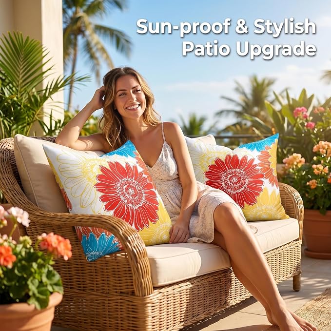 Summer Decorative Sunflower Pillow Covers Outdoor Red Orange Throw Pillow Covers Waterproof Floral Square Farmhouse Cushion Throw Pillowcase 18x18 Set of 2 for Living Room Sofa Patio Furniture Garden
