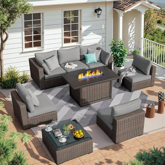 Patio Furniture Set 8 Pieces with 44" Fire Pit Table, Rattan Outdoor Sectional Conversation Sets, All Weather Outdoor Furniture Set with Cushions for Garden Lawn Balcony Porch Deck Grey
