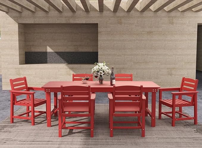 7-Piece Outdoor Dining Set for 6,Red | HDPE table, chairs included, umbrella hole design, weather-resistant furniture, perfect for backyard, deck, garden