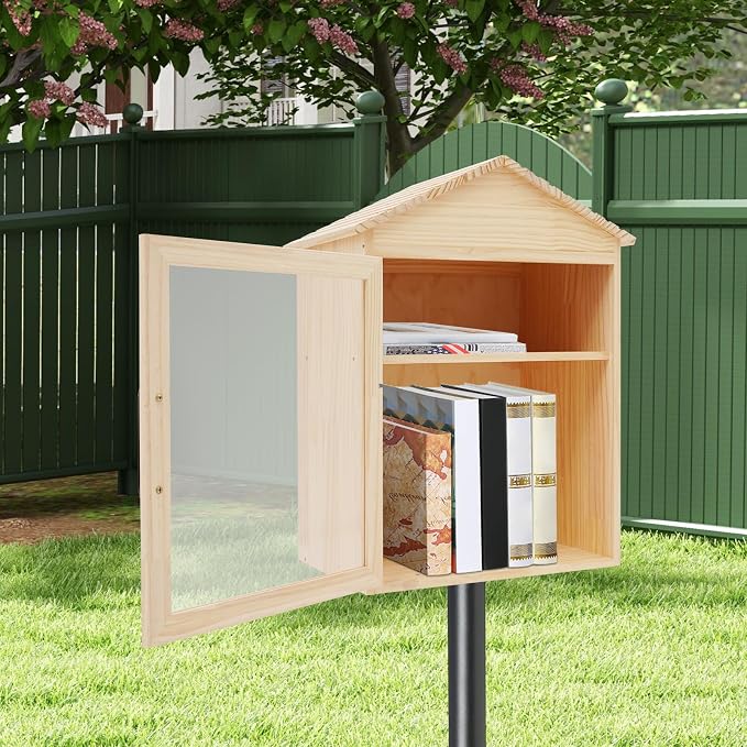 Outdoor Library Outdoor Book Box, Small Wooden Book Cabinet for Neighborhoods Community and Schools Sharing Books, Flyers, Newspapers