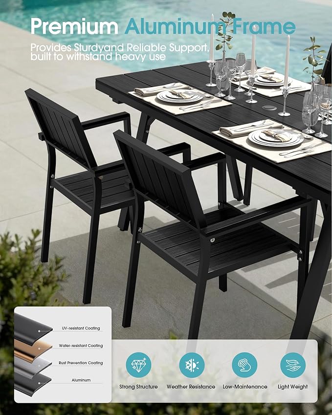 Ciokea Aluminum Patio Dining Chairs Set, Outdoor Stackable Chairs with Wide Seat, All-Weather HDPS Oversized Porch Chair for Backyard, Poolside, Lawn & Garden, Deck | Black