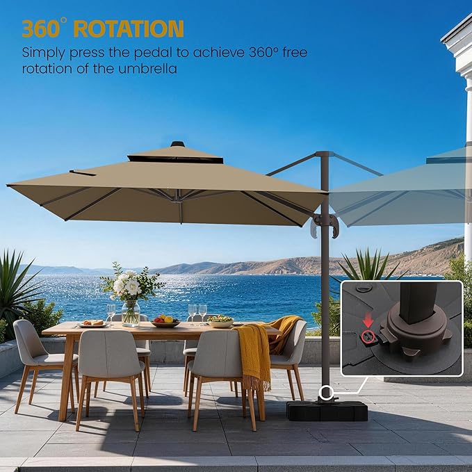 HASLE OUTFITTERS 9x12 FT Patio Cantilever Umbrella with Base, Outdoor Offset Large Rectangular Heavy Duty Double Top Umbrellas with 360° Rotation for Pool Garden Deck，Tan