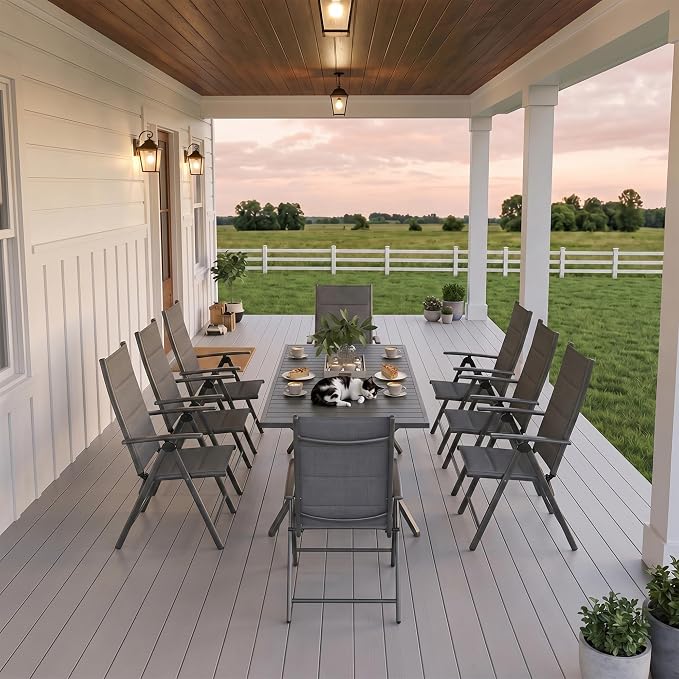 PURPLE LEAF Outdoor Dining Set for 8 Folding Patio Dining Set with Aluminum Rectangular Table and Padded Chairs All Weather Dining Table Sets for Garden Backyard Poolside, Grey