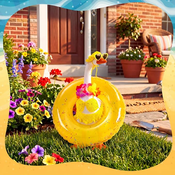 Summer Knitted Bikini Goose Outfit Hawaiian Beach Porch Goose Clothes Swimsuit with Wide Hat Sunglass Swim Ring for 17-23 Inch Cement Geese Statue Costume Outdoor Patio Lawn Garden Yard Decor
