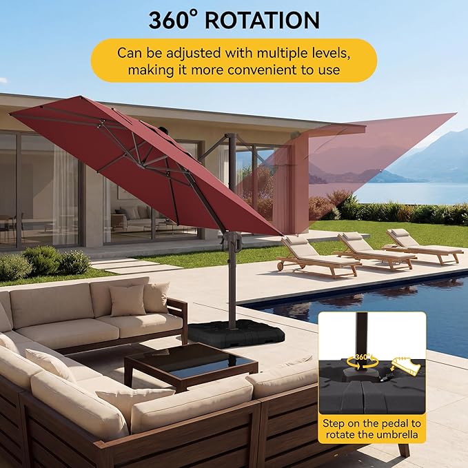 10x10FT Cantilever Outdoor Umbrella with Base, 360° Rotating Large Offset Square Patio Umbrella, Ideal for Garden Backyard Deck Courtyard, Red