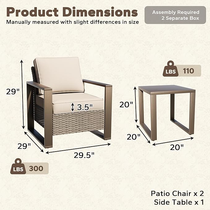 Outdoor Wicker Metal Chairs Set of 2 with Matching Side Table - 3 Pieces Patio Bistro Set with Removable Olefin Fabric Cushions & Rectangular Framed Wood-Looking Metal Armrest, Beige