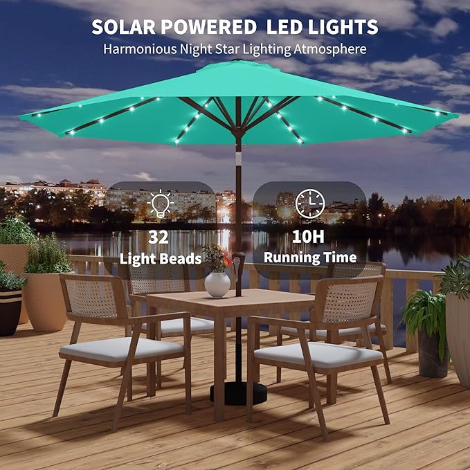 Kingdura 9FT Outdoor Patio Umbrella with Solar Lights, Market Table Umbrella with Push Button Tilt & Crank, 8 Sturdy Ribs, 32 LED Lights, UV Protection for Garden Lawn Deck Backyard Pool (Tiffany blue)