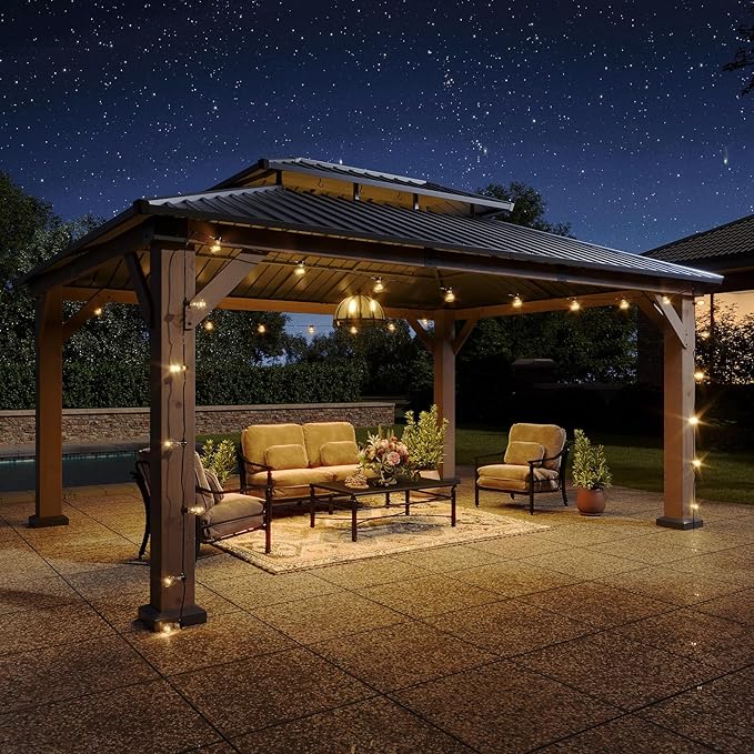 Aoxun 12' x 16' Outdoor Wood Gazebo, Hardtop Gazebo Permanent Wooden Pavilion with Galvanized Steel Double Roof, for Patio, Garden, Backyard, Cedar Wood, Grey