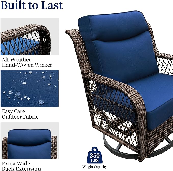 PIZZELLO Outdoor Swivel Chairs 3 Piece Wicker Rocking Chairs Set Patio Furniture Set with Rattan Side Table Rocker Bistro Sets for Outside Porch Backyard (5" Thick Cushions and 25" Full Support Back)