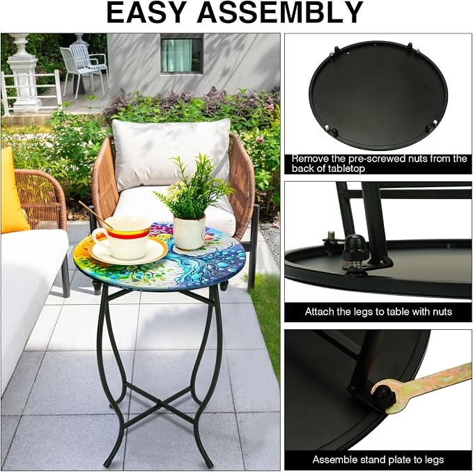 Outdoor Side Table for Small Spaces, 14 Inch Round Metal End Table for Patio Balcony Yard Porch Garden Livingroom, Anti-Rust Waterproof Accent Table for Indoor Outdoor Use, Easy Assembly