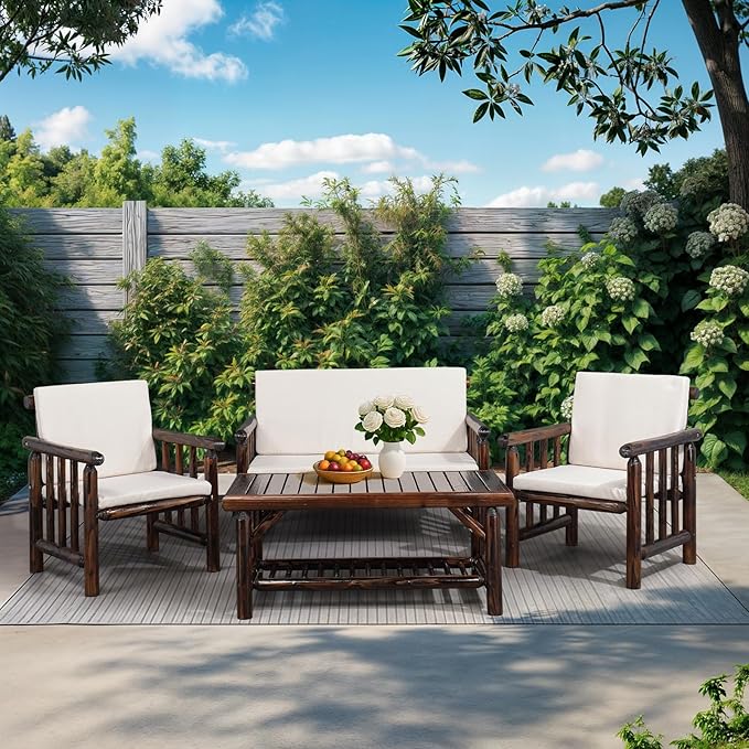 VINGLI Outdoor Patio Furniture Sets 4-Piece, Fir Wood Patio Couch Sets w/Coffee Table, Outdoor Conversation Sectional Set with Removable Cushion for Garden, Lawn, Balcony (Cabonized Color)