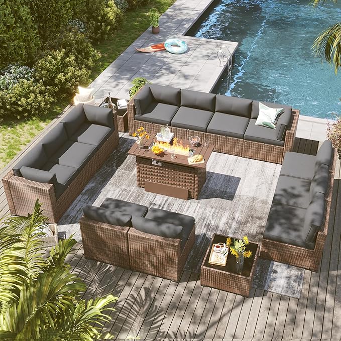 LazySunsets 15 Piece Outdoor Patio Furniture Set with 44'' Fire Pit Table, Outdoor Patio Furniture Set with Waterproof Cover, Wicker Rattan Outdoor Conversation Set for Backyard & Garden, Grey