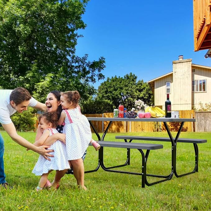 Picnic Table, Camping Portable Picnic Table Bench Set for 4 Persons, Heavy-Duty Steel Frame & Resin Tabletop, All Weather Outdoor Picnic Tables for Patio Travel BBQ Party Garden (Black)