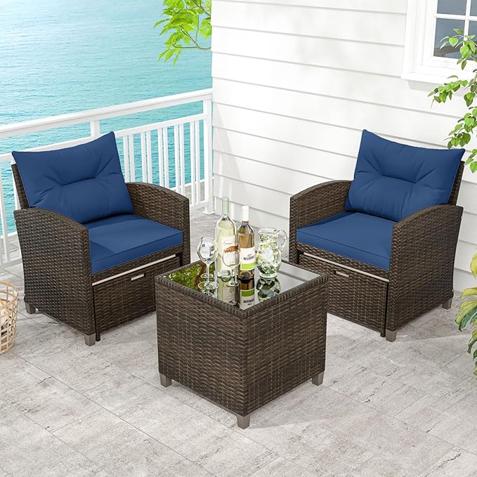 ORALNER 5 Pieces Patio Furniture Set with Ottoman, Wicker Conversation Set w/Cushions, Glass Coffee Table, Outdoor Rattan Lounger Chairs Bistro Set for Porch Balcony Garden Deck Poolside (Navy)