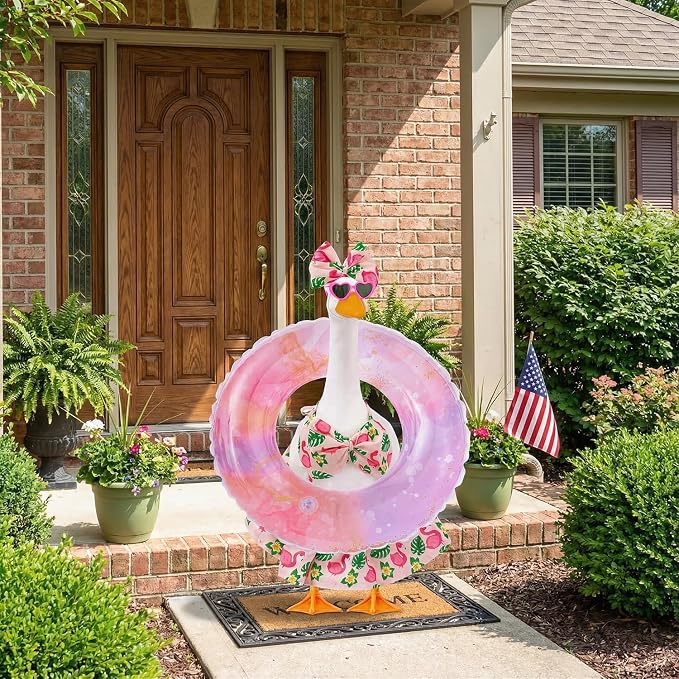 Bikini Porch Goose Outfits Fits 23" Goose Statue Summer Porch Goose Outfit with Sunglasses and Swim Ring Hawaiian Porch Goose Clothes Costume for Outdoor Garden Lawn Yard Decor(Flamingos)