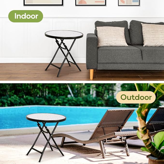 Abba Patio Bistro Table,18" Round Folding Side Table with Tempered Glass Tabletop,Small End Table for Outdoor Indoor Yard Garden Balcony Coffee, Colored Dots