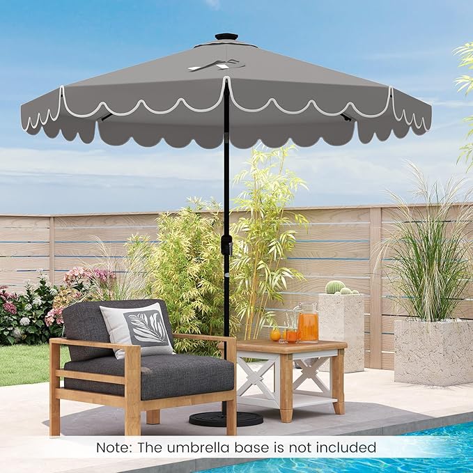 HAPPYGRILL 10 FT Patio Umbrella with Solar Lights, Market Sunshade with Ruffles, Vented Top, Tilt Adjustment & Built-in Crank, Outdoor Parasol Canopy for Backyard Poolside Deck Beach Lawn