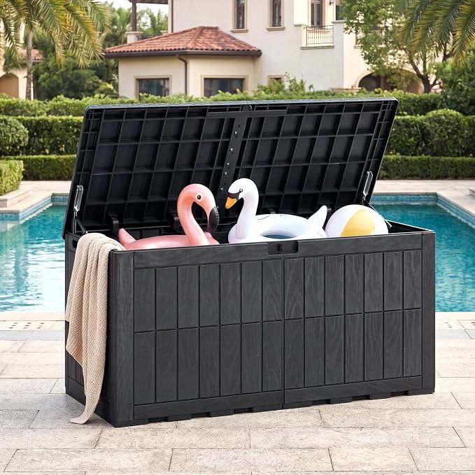 HAPPYGRILL 120 Gal Outdoor Deck Box, Lockable Storage Bin with Lid and Handles, Waterproof and Sun-Protective Patio Bench and Storage Box for Garden Tools Pool Supplies (Black, 120Gallon)