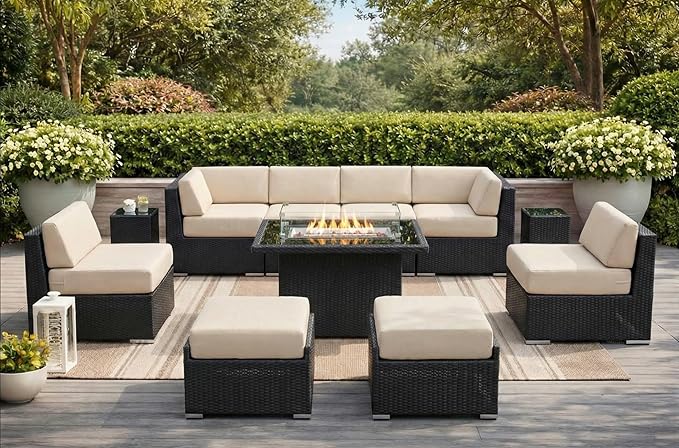 Fully Assembled 11 Piece Outdoor Aluminum Wicker Patio Furniture with 6-inch Sunbrella Beige Rainshield Water Proof Cushions, Oversized Seats and 42-inch Fire Table