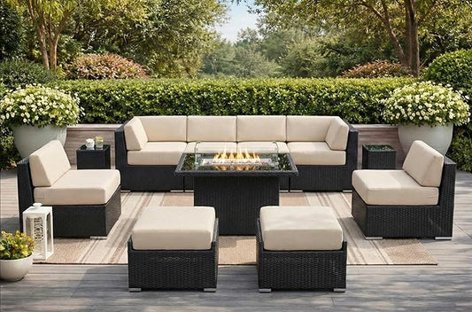 Fully Assembled 11 Piece Outdoor Aluminum Wicker Patio Furniture with 6-inch Sunbrella Beige Rainshield Water Proof Cushions, Oversized Seats and 42-inch Fire Table