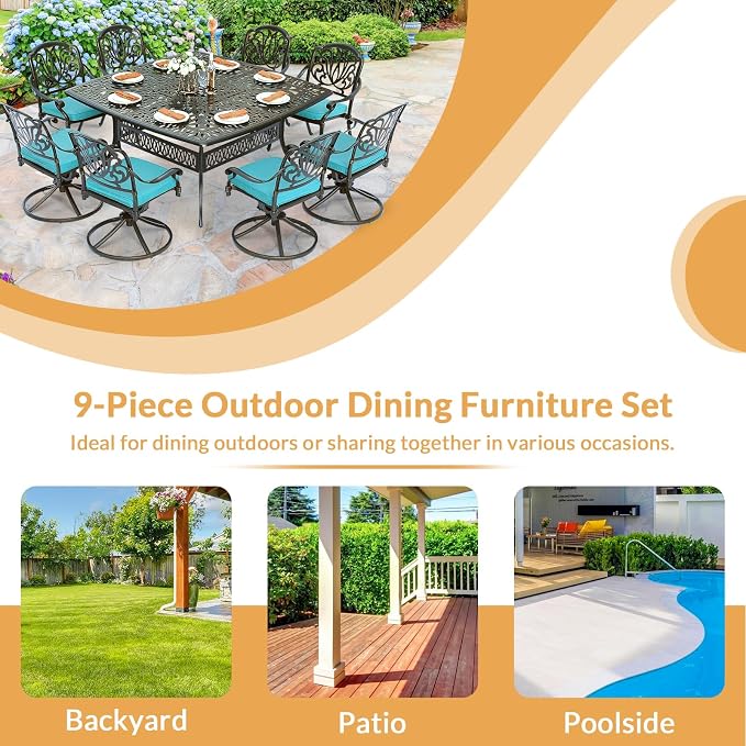 9 Piece Outdoor Patio Dining Set for 8, Cast Aluminium Large Square Dining Table & 4 Swivel Rocker Chairs, 4 Stationary, 8 Cushions, Umbrella Hole, Patio Furniture Set for Garden, Ocean Blue