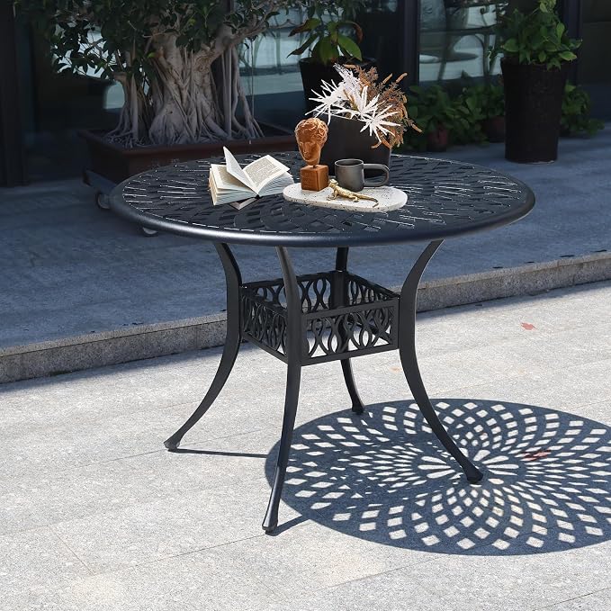 42“ Round Outdoor Table, All Weather Patio Table with Umbrella Hole, Cast Aluminum Bistro Table for Outside (Black)