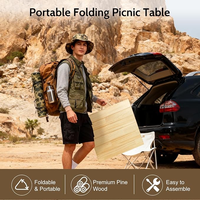 Folding Picnic Table with Table Runner, 60 * 30in Wooden Picnic Table for Outdoors, Boho Low Coffee Table for Sitting on The Floor, Suitable for Beach, Park, Garden, Camping, Travel(Natural)
