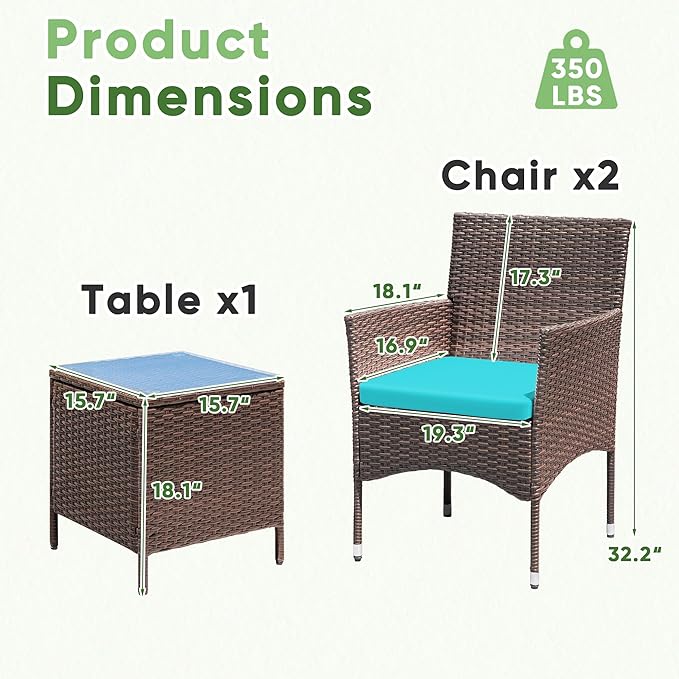Greesum 3 Pieces Patio Dining PE Rattan Wicker Chair Furniture Set with Cushion and Glass Coffee Table for Outdoor Garden Backyard Poolside, Brown and Blue