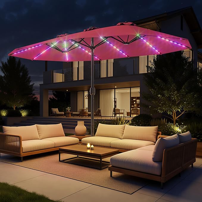 HOMSHADE Double Sided Patio Umbrellas with Base - 15ft RGB Multi-Color Flowing LED Lights Outdoor Extra Large Market Table Umbrella w/Stand, Oversized Umbrella for Deck, Pool, Backyard,Red